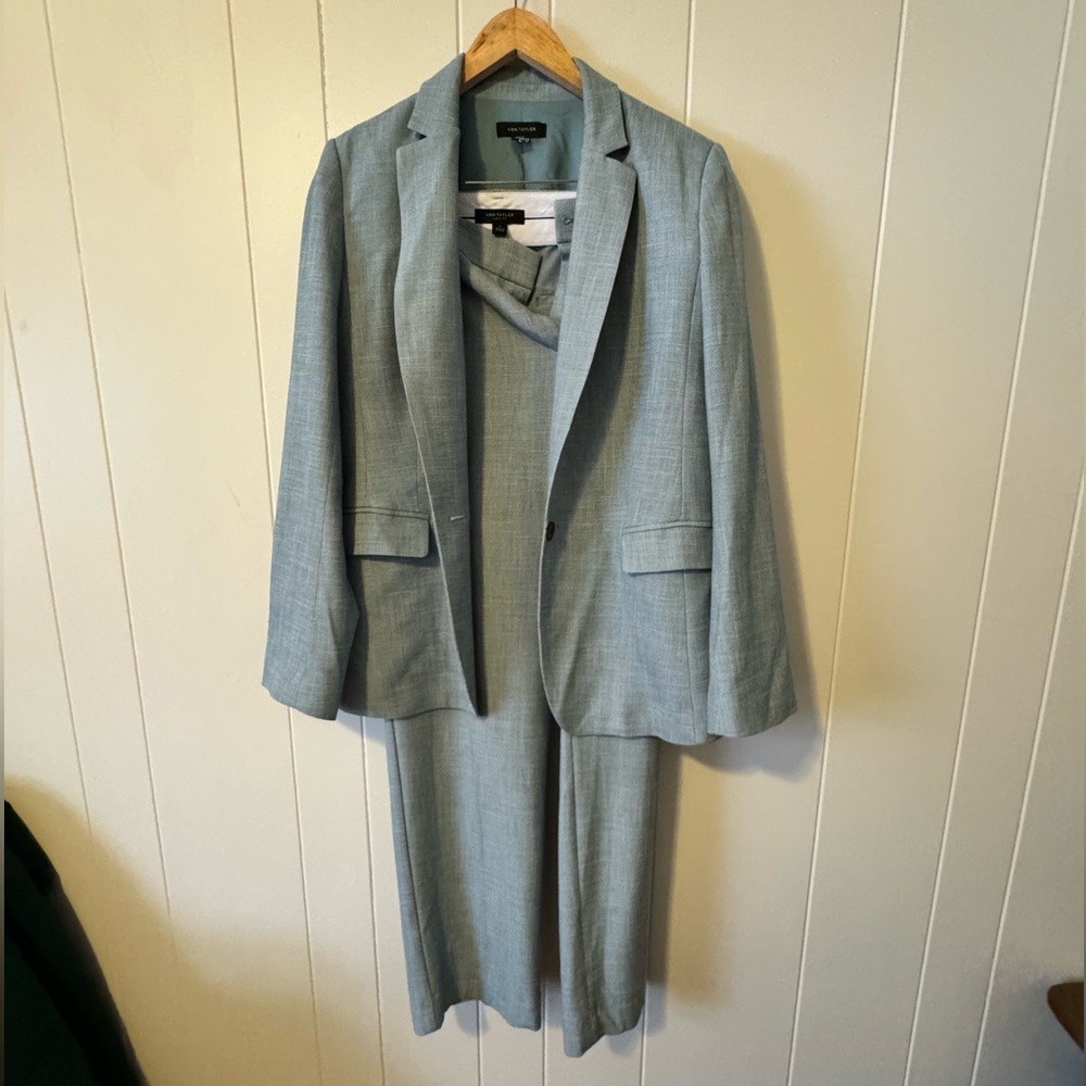 Ann Taylor Matching Light Blue Suit. Linen material. Small stain on blazer.